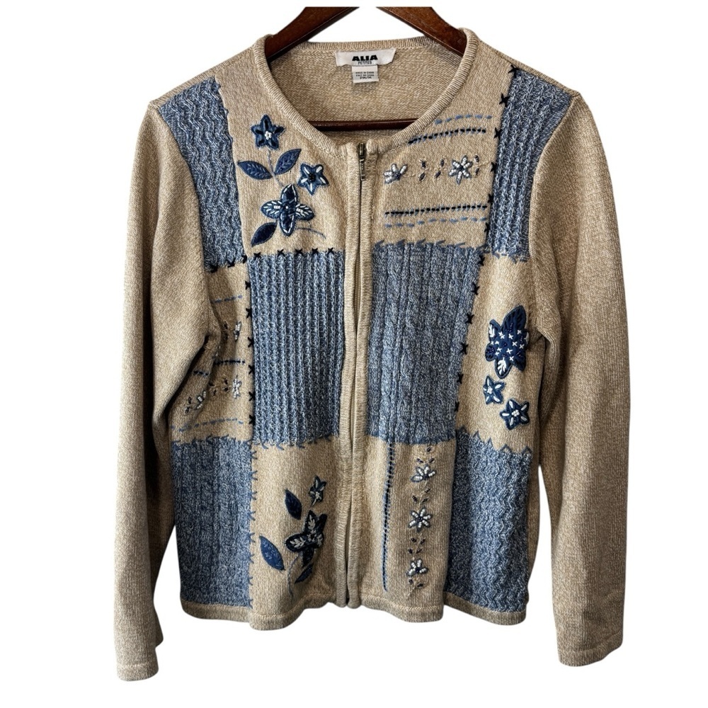 Alia Petites Embroidered Beaded Floral Cottagecore Full Zip Cardigan Size Medium